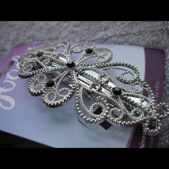 Goody Rhinestone Silver Metal Hair Barrette Clip Fancy Vine Curls Black Gems - Picture 2 of 5